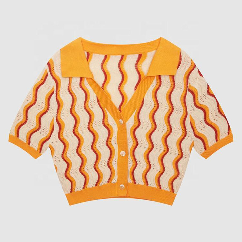 2023 Nieuw ontwerp aangepaste vrouwen 's Knitwear v Neck Loose Solid Color Spring Summer T-shirts Kort mouw gebreide vesttrui