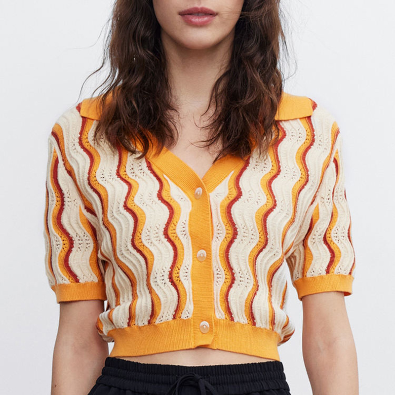 2023 Nieuw ontwerp aangepaste vrouwen 's Knitwear v Neck Loose Solid Color Spring Summer T-shirts Kort mouw gebreide vesttrui