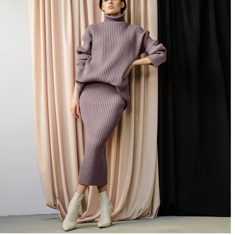 Winter Nieuwe mode Custom Women's Warm Turtleneck pullover gebreide midi rok 2 -delige pak Women \\ 's rok trui
