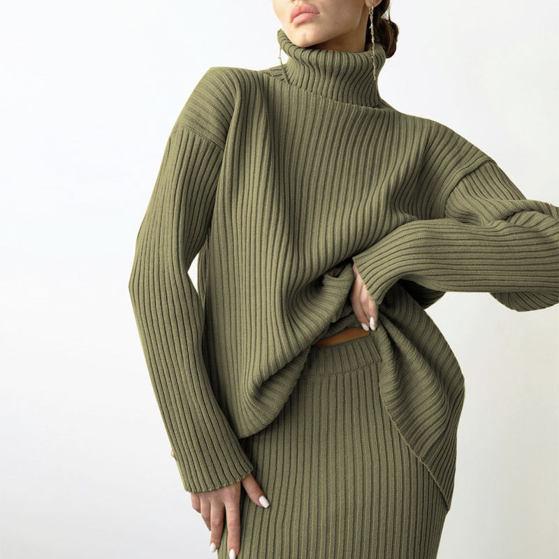 Winter Nieuwe mode Custom Women's Warm Turtleneck pullover gebreide midi rok 2 -delige pak Women \\ 's rok trui