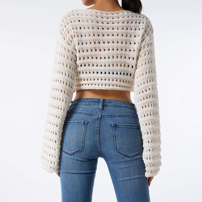 Vrouwen uitgehold haakbrei -crop tops kleurblok lange mouw vierkantenek val truien tops