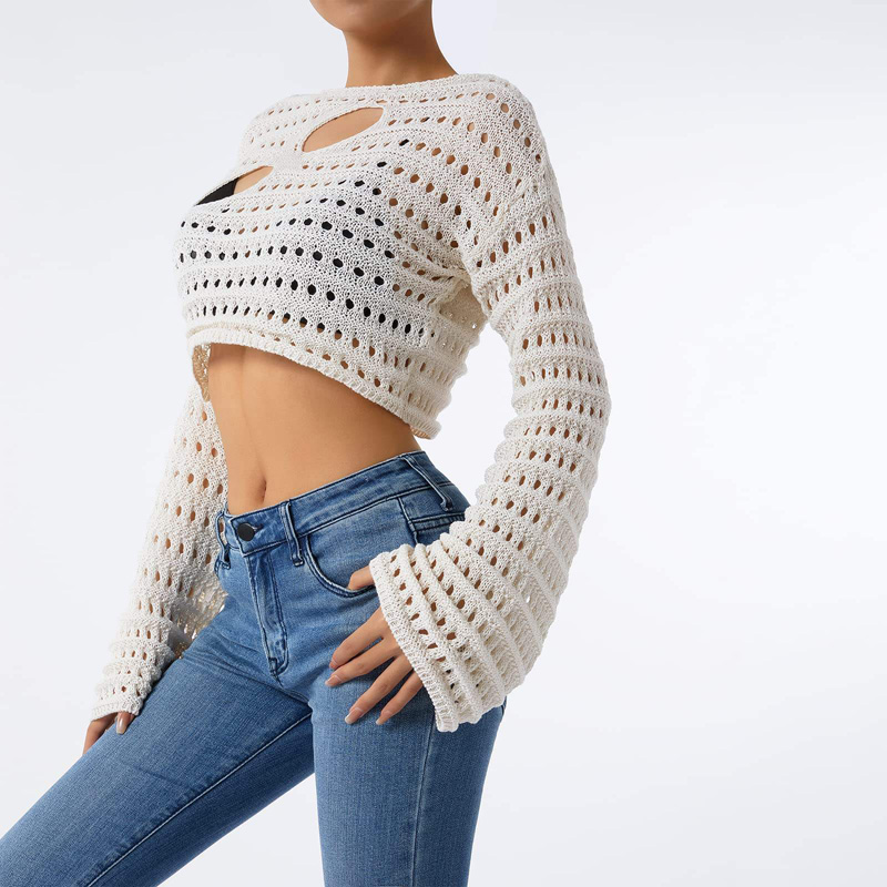 Vrouwen uitgehold haakbrei -crop tops kleurblok lange mouw vierkantenek val truien tops