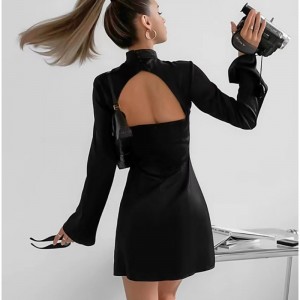 Nieuwe stijl stand kraag slanke lange mouw open achterkant korte jurk