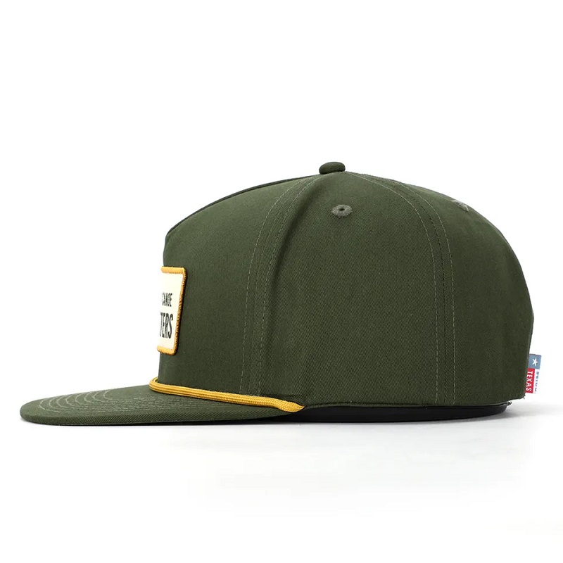 OEM Aangepaste hoogwaardige klassieke 5 Panel Army Green katoenen borduurwerk geweven patch logo touw snapback cap hoed