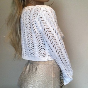 Witte v-hals pullover uitgehold uit de modeshow met lange mouwen dunne sexy gebreide vrouwen