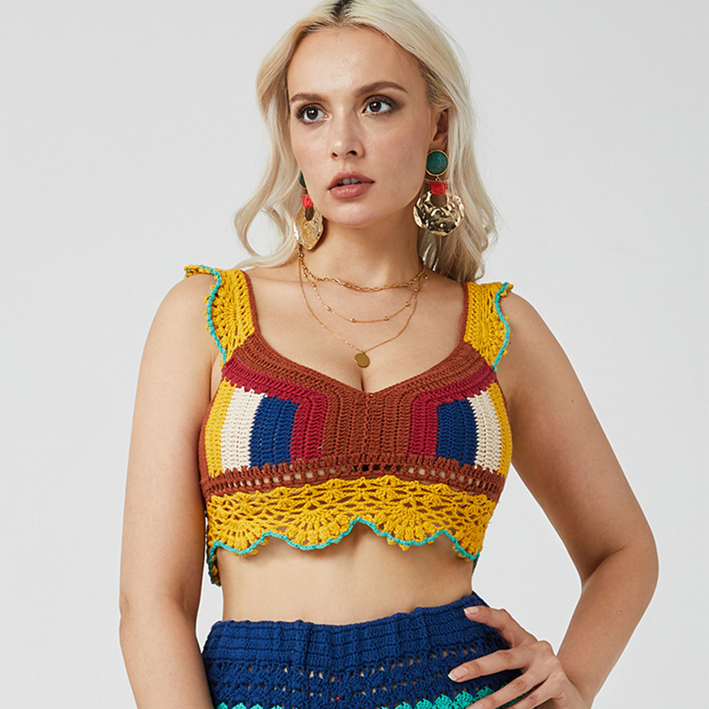 Diepe v-hals handgemaakte haakhaak sexy vrouwen trui crop top gebreide kleding