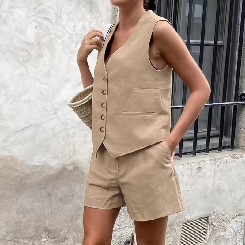Europese en Amerikaanse zomerse Zomer Nieuwe casual mouwloze V-hals vest-vest shorts Pak