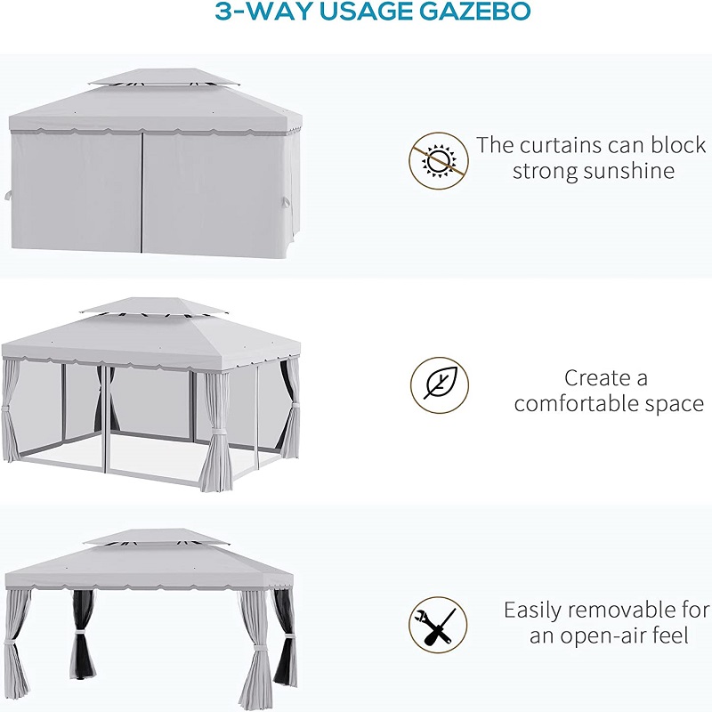 10 \\ 'x 13 \\' Patio Gazebo Double Dak Outdoor Gazebo Luifel onderdak metnetten&gordijnen, grijs