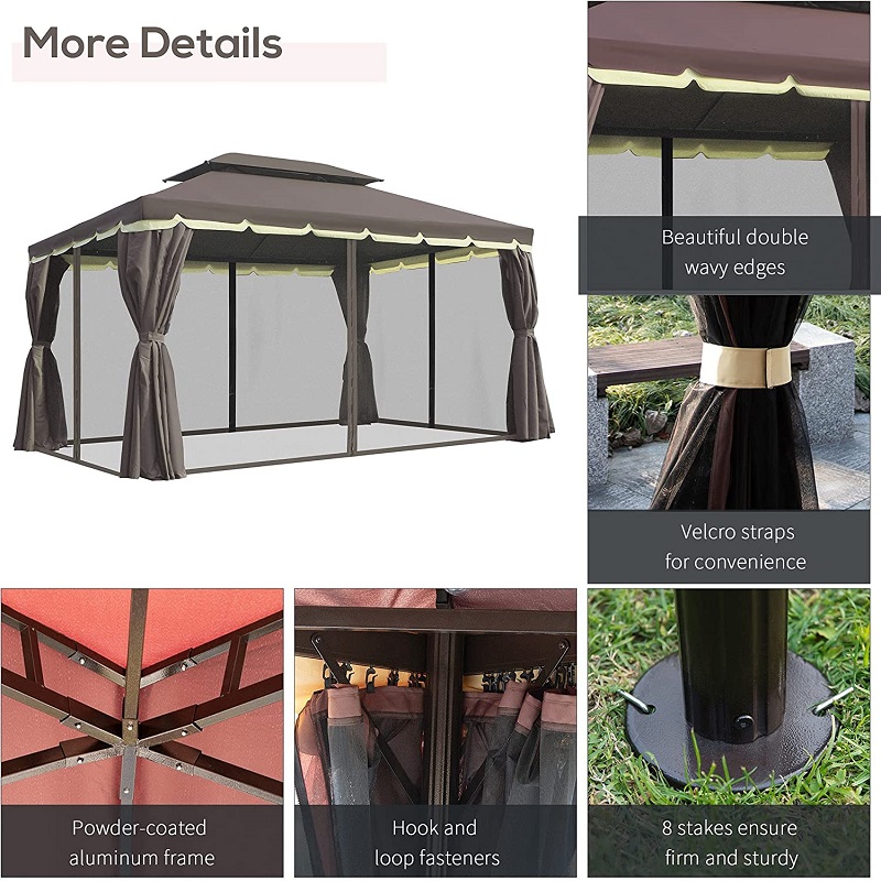 10 \\ 'x 13 \\' Patio Gazebo Double Roof Outdoor Gazebo Luifel onderdak metnetten&gordijnen, koffie