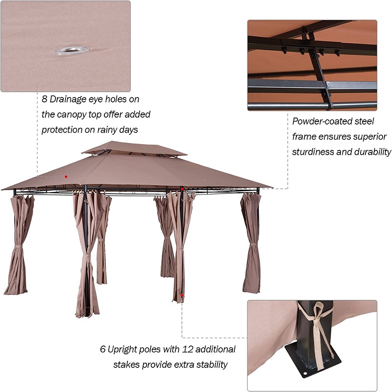 10 \\ 'x 13 \\' Outdoor Soft Top Pergola Gazebo met gordijnen, 2-laags stalen frame tuinhuisje voor patio, kaki