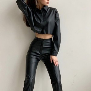 Herfst en winter motorfiets sexy mat pu lederen micro-elastisch shirt met lange mouwen met lange mouwen