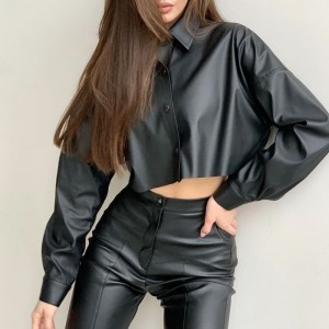 Herfst en winter motorfiets sexy mat pu lederen micro-elastisch shirt met lange mouwen met lange mouwen