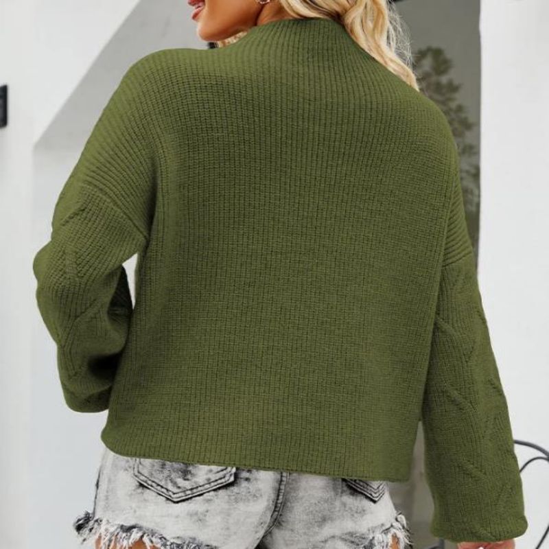 Pure Color Button Rope Sweater Loose Pullover Turtleneck Women 's trui