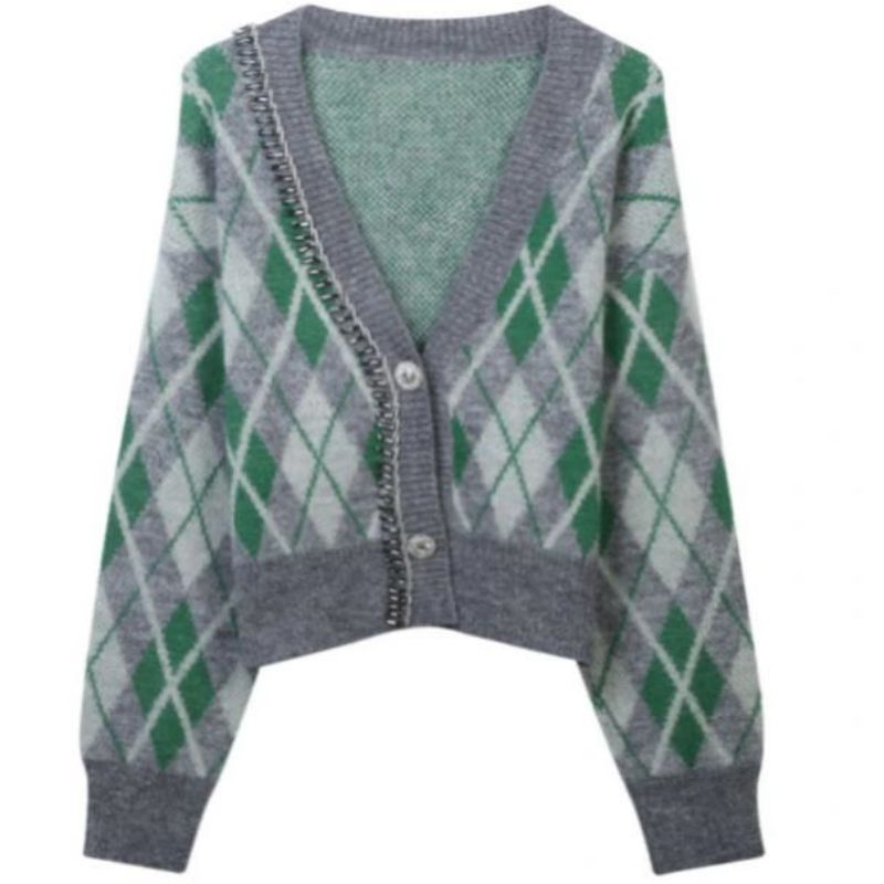 Argyle Jacquard Breit Mohair Cardigan Sweater Vrouwen Knitwear