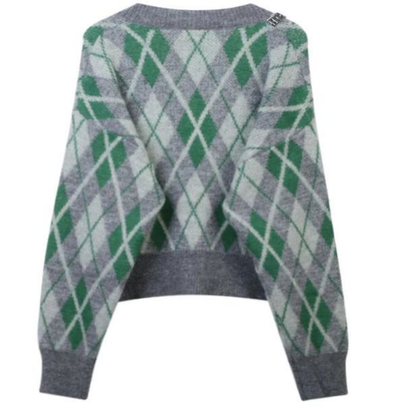 Argyle Jacquard Breit Mohair Cardigan Sweater Vrouwen Knitwear