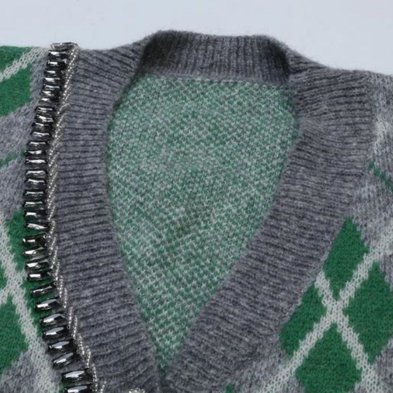 Argyle Jacquard Breit Mohair Cardigan Sweater Vrouwen Knitwear