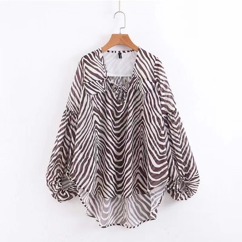 2023 Nieuwe vrouwen van de mode All-match slanke gestreepte spinning gedrukt met lange mouwen tie-up shirt
