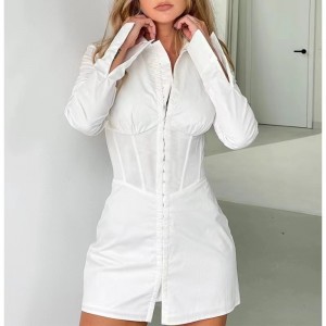 Europese en Amerikaanse stijl mode-taille lange mouwen jurk Polo kraag wit shirt jurk