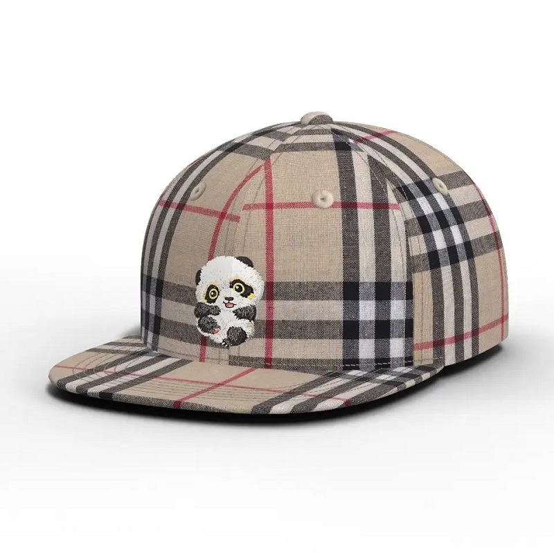 Groothandel van hoge kwaliteit Custom Color Carton Panda Gecontroleerde hoed Plaid Flat Brim Snapback Cap