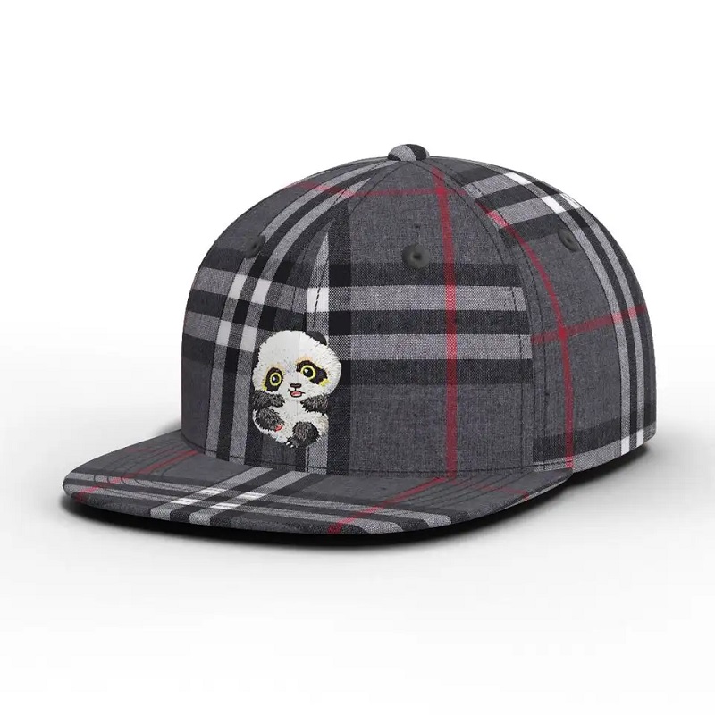 Groothandel van hoge kwaliteit Custom Color Carton Panda Gecontroleerde hoed Plaid Flat Brim Snapback Cap