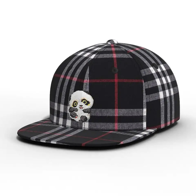 Groothandel van hoge kwaliteit Custom Color Carton Panda Gecontroleerde hoed Plaid Flat Brim Snapback Cap