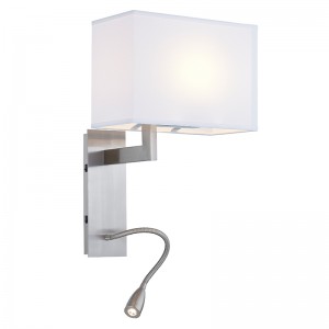 Gastvrijheid hotel muur sconce met geborsteldenikkelafwerking en rechthoekige stoffen schaduw in hotel typische kamers