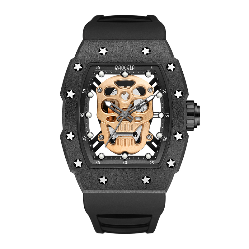 Baogela Skull Tonneau Bekijk topmerk kwarts roestvrijstalen horloges waterdichte creatieve klok siliconen band pols horloge rose 4141