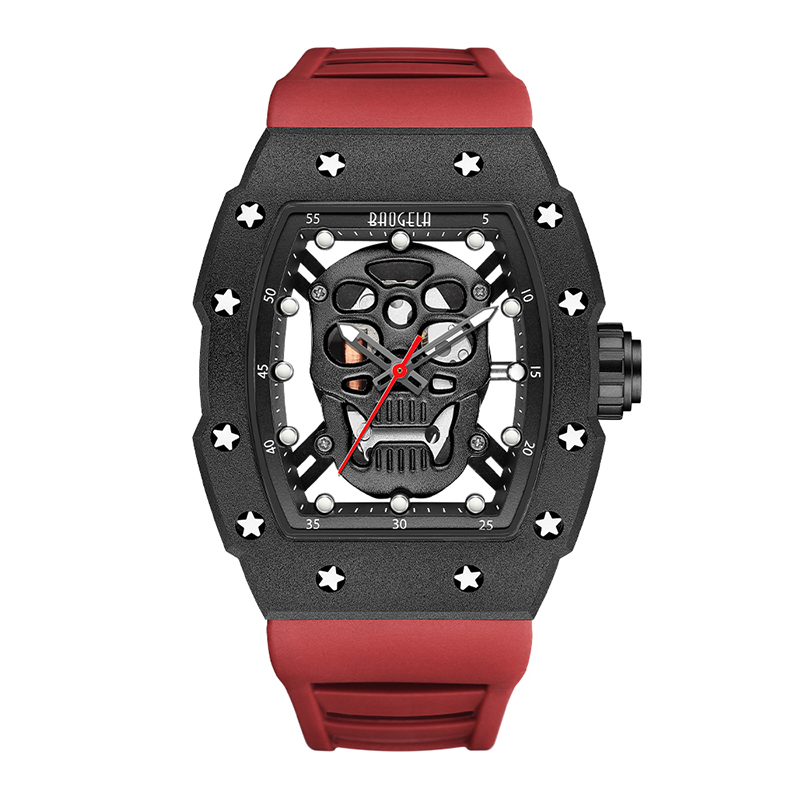 Baogela Skull Tonneau Bekijk topmerk kwarts roestvrijstalen horloges waterdichte creatieve klok siliconen band pols horloge rose 4141