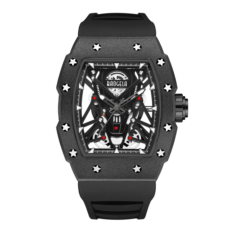 Baogela Silver Black Sport Quartz Kijk voor mannen Tonneau Dial Analog Waterproof polshorloge met siliconen band Luminous Hands 4145