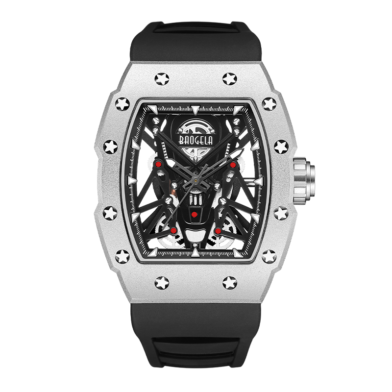 Baogela Silver Black Sport Quartz Kijk voor mannen Tonneau Dial Analog Waterproof polshorloge met siliconen band Luminous Hands 4145