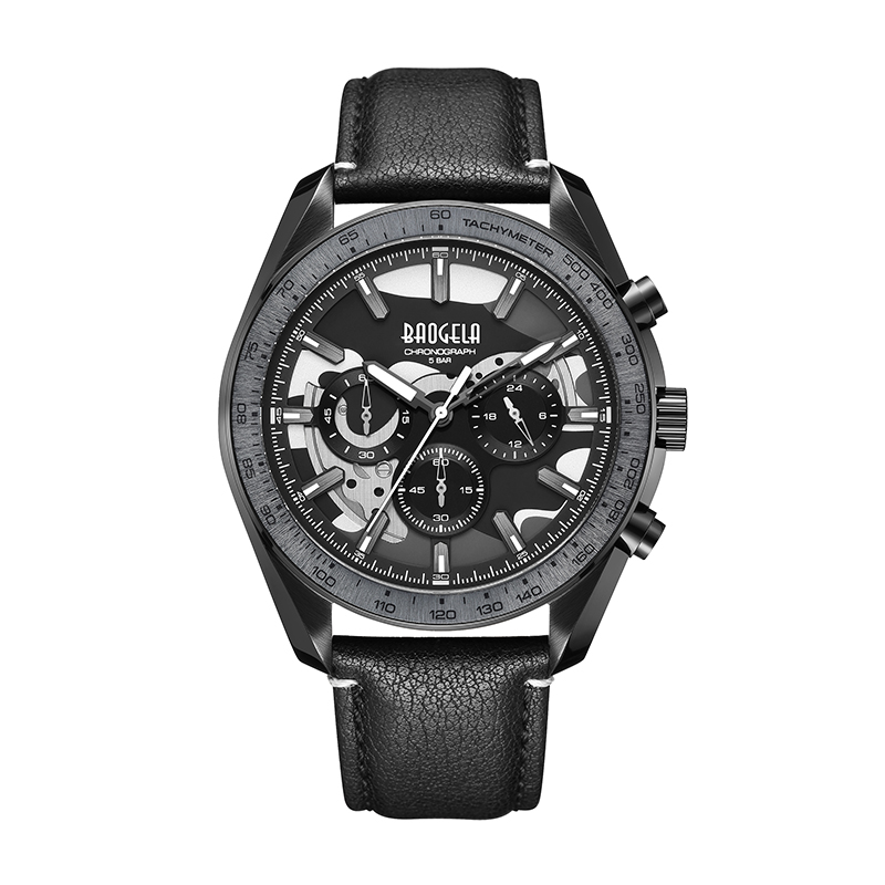 Baogela Nieuwe luxe mannen Sport Quartz Male chronograaf Kalender Japan Beweging 50Bar Top Brand Clock Echt lederen polshorloge 22804