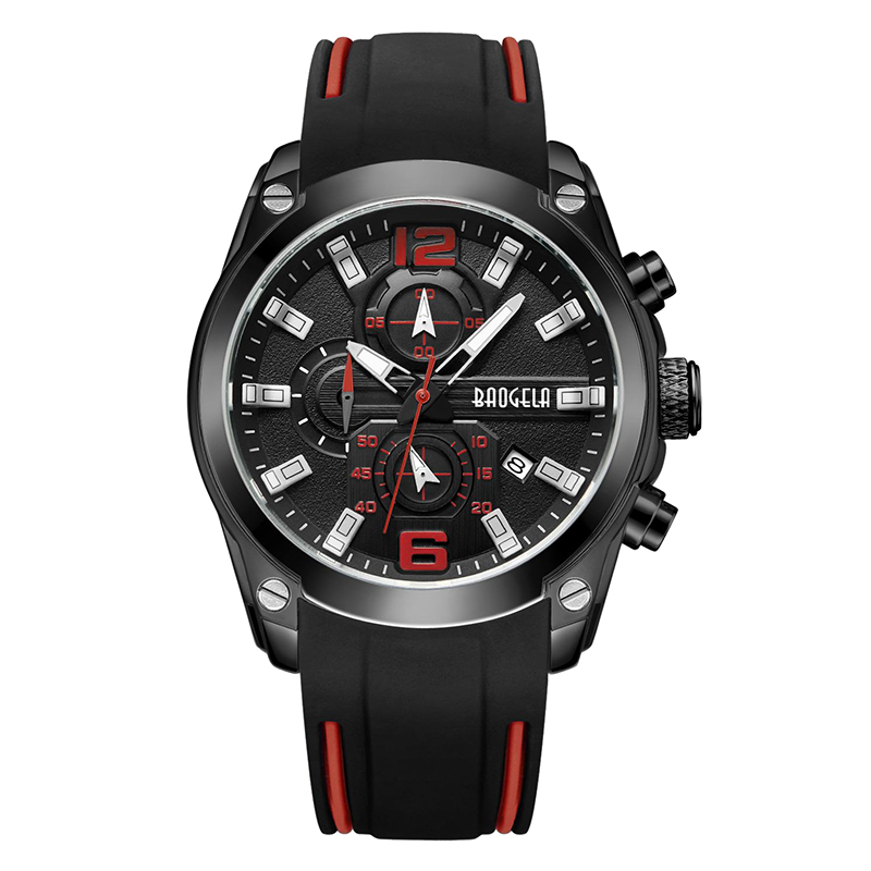 Baogela chronograaf analoge kwarts horloge met datum lumineuze handen waterdichte siliconen rubberen band polsswatch voor manblauw 22609