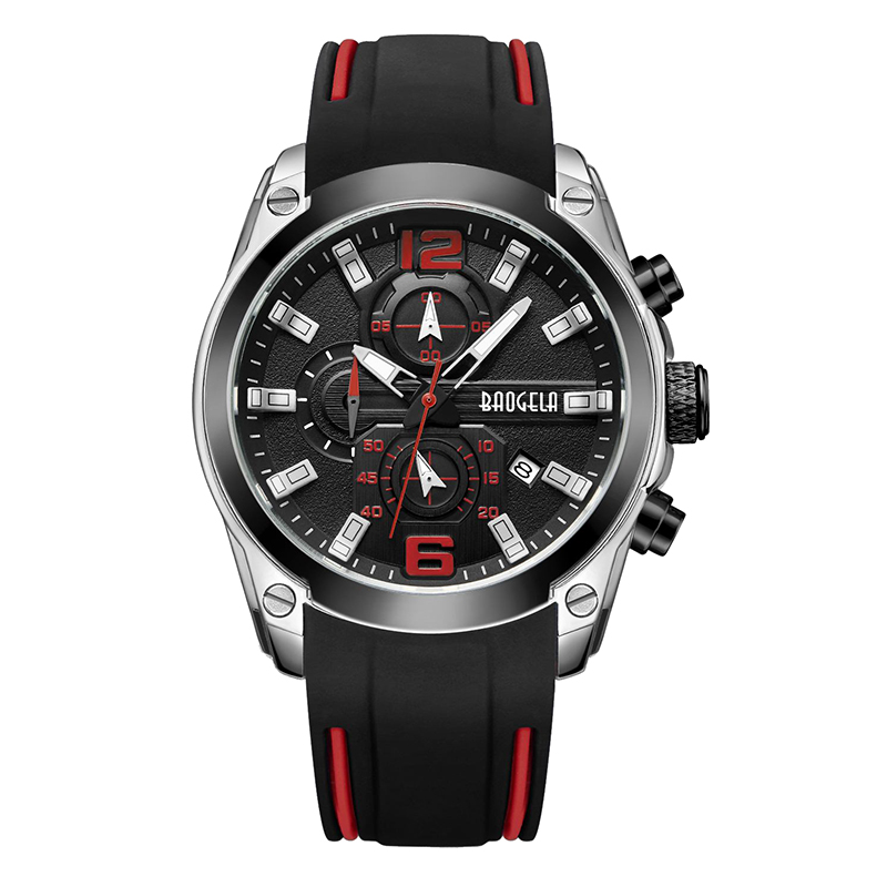 Baogela chronograaf analoge kwarts horloge met datum lumineuze handen waterdichte siliconen rubberen band polsswatch voor manblauw 22609