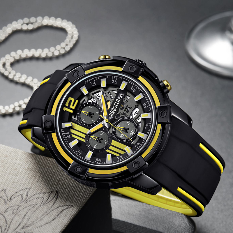 Baogel Men's Black Silicone Strap Quartz kijkt chronograph sport polshorloge voor man 3ATM waterdichte lichtgevende handen geel 22701