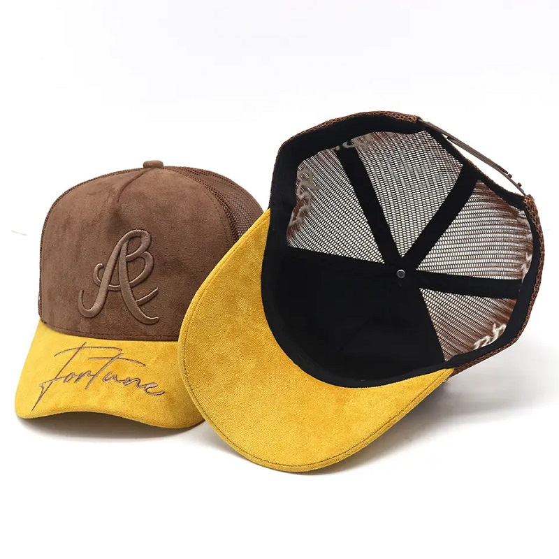 Factory Custom Suede Trucker Hat Embroidery Logo Brim Fair Mesh Trucker hoeden