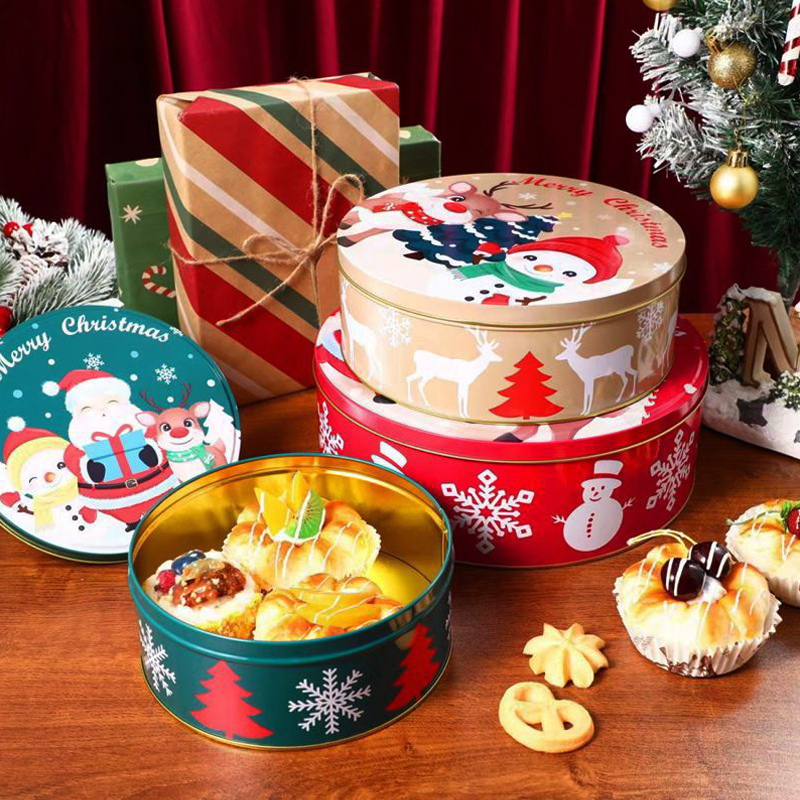 Kerstcadeau-doos Drie-delige ronde doos Cookie verpakking doos kerst tin doos fabrikant aangepaste blikken doos