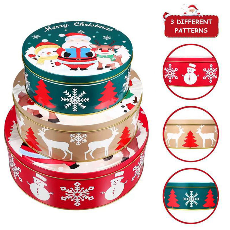 Kerstcadeau-doos Drie-delige ronde doos Cookie verpakking doos kerst tin doos fabrikant aangepaste blikken doos