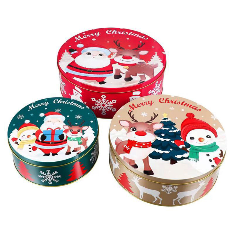 Kerstcadeau-doos Drie-delige ronde doos Cookie verpakking doos kerst tin doos fabrikant aangepaste blikken doos