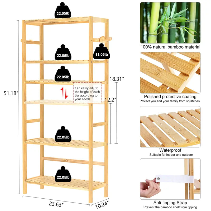 Verstelbare boekenkast met 5 verdiepingen Hoge waterdichte badkamerrek Plant Rack Bamboo Bookshelf