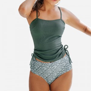 Rib Ruched Drawstring Top&Dity Floral High Taille Tankini Set