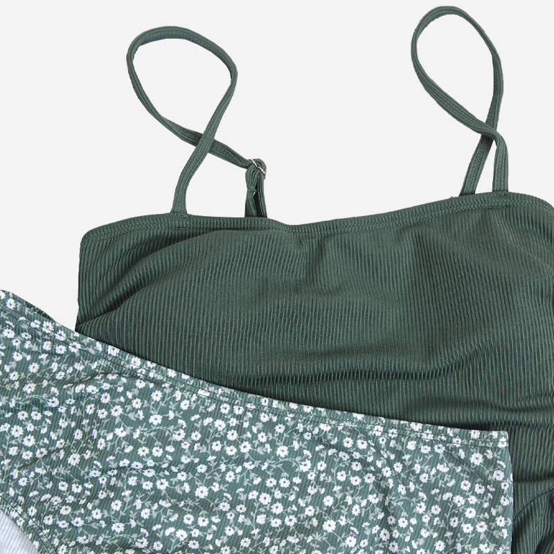 Rib Ruched Drawstring Top&Dity Floral High Taille Tankini Set
