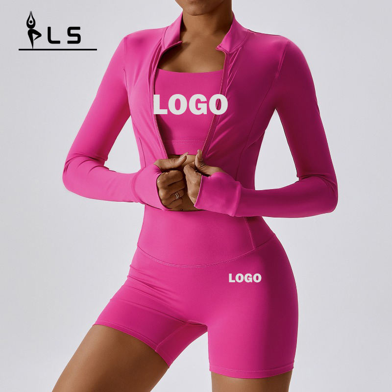 SC9273 Zipper Langeloze yoga -sets Lange mouw Elastic 3 -delige shorts BH -set Gym Outfit 3 -delige yoga -slijtage voor vrouwen