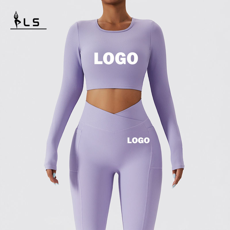 SC1062 Women met lange mouwen Yoga Set geribbeld Sadless Pant Suit Pak Women Fitness Clothing Yoga Set