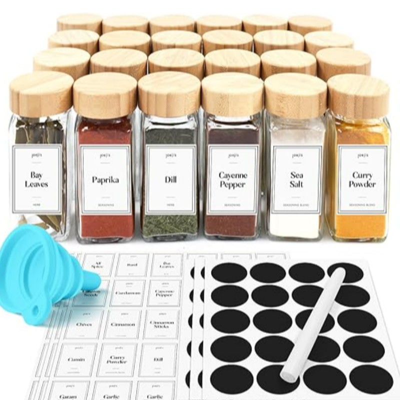 Spice -potten met deksels en labels - 24 stuks 120 ml glazen containers ingesteld - bamboe deksel - ultieme keukenopslagoplossing voor kruiden en kruiden