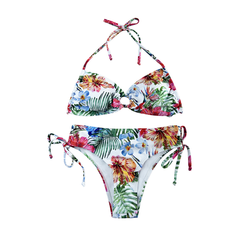 Halter uitgehold geplooide print etnische stijl tweedelig zwempak