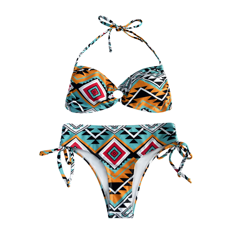 Halter uitgehold geplooide print etnische stijl tweedelig zwempak