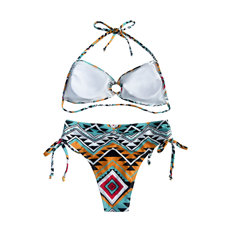 Halter uitgehold geplooide print etnische stijl tweedelig zwempak
