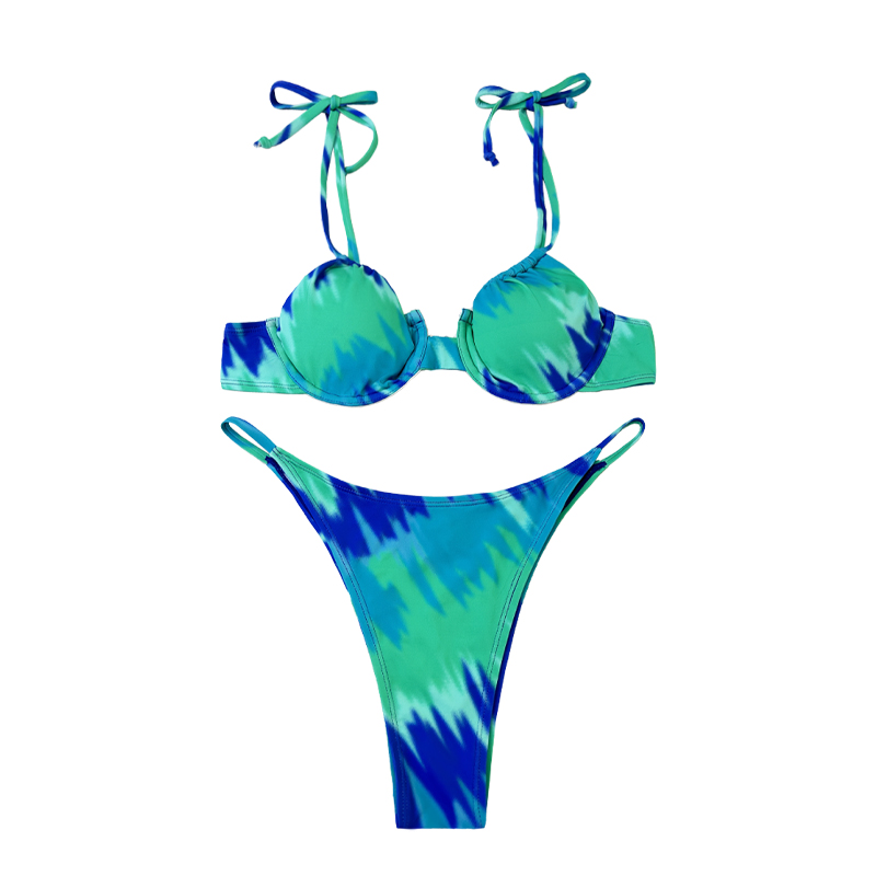 Lace Up Halter Round Cup Cute Turquoise Print Split Swimsuit