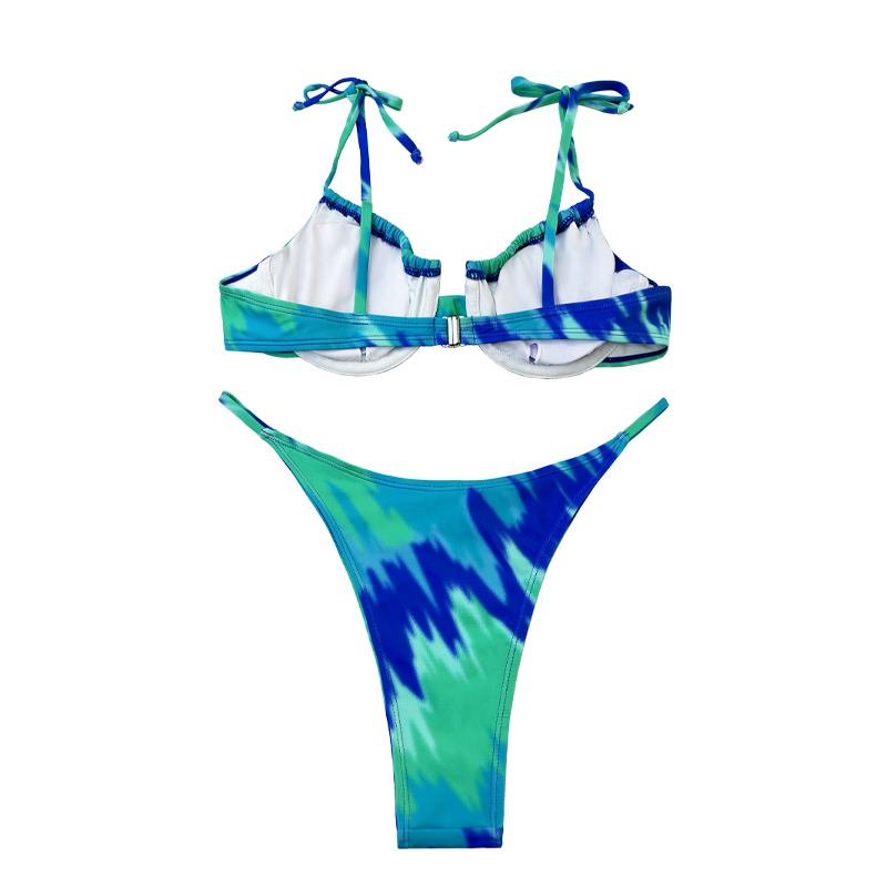 Lace Up Halter Round Cup Cute Turquoise Print Split Swimsuit