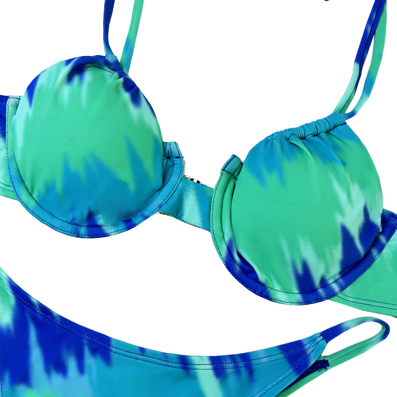 Lace Up Halter Round Cup Cute Turquoise Print Split Swimsuit